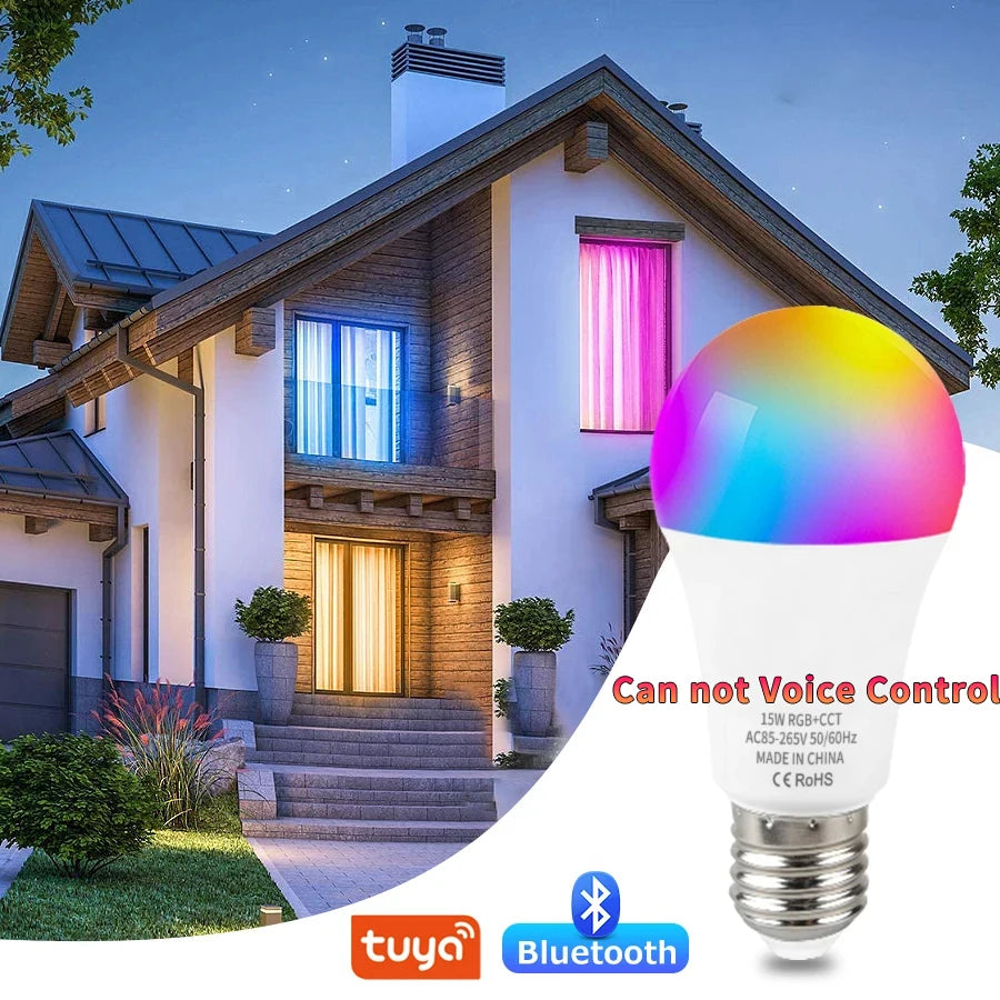Tuya Wifi Bluetooth E27 Smart Bulb RGBCW 100-240V 15W LED Lamp E27 Light Bulbs App Voice Control Support Alexa Google Home Alice