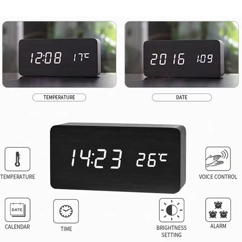 Wooden Digital Alarm Clock LED Table Clock with Temperature for Bedroom Office Desk Decorations