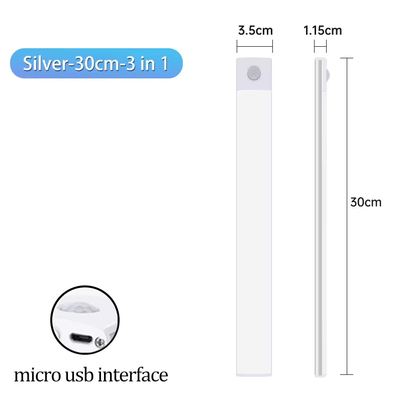 Cabinet Light USB Rechargeable Motion Sensor Led Three Colors in One Lamp for Kitchen Wardrobe Indoor Lighting 10/20/30/40/50Cm