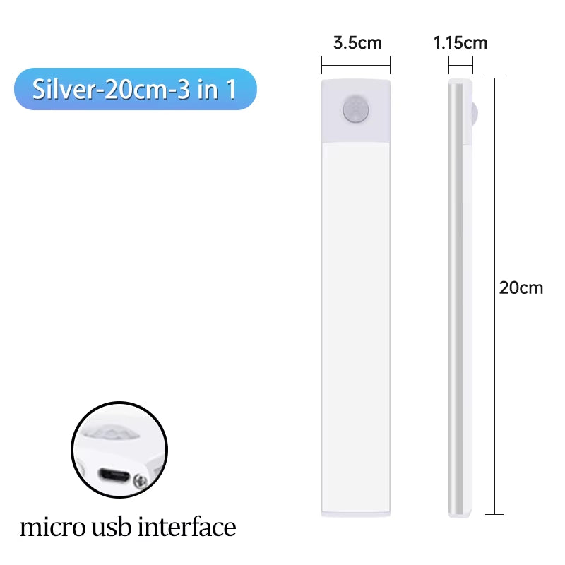 Cabinet Light USB Rechargeable Motion Sensor Led Three Colors in One Lamp for Kitchen Wardrobe Indoor Lighting 10/20/30/40/50Cm