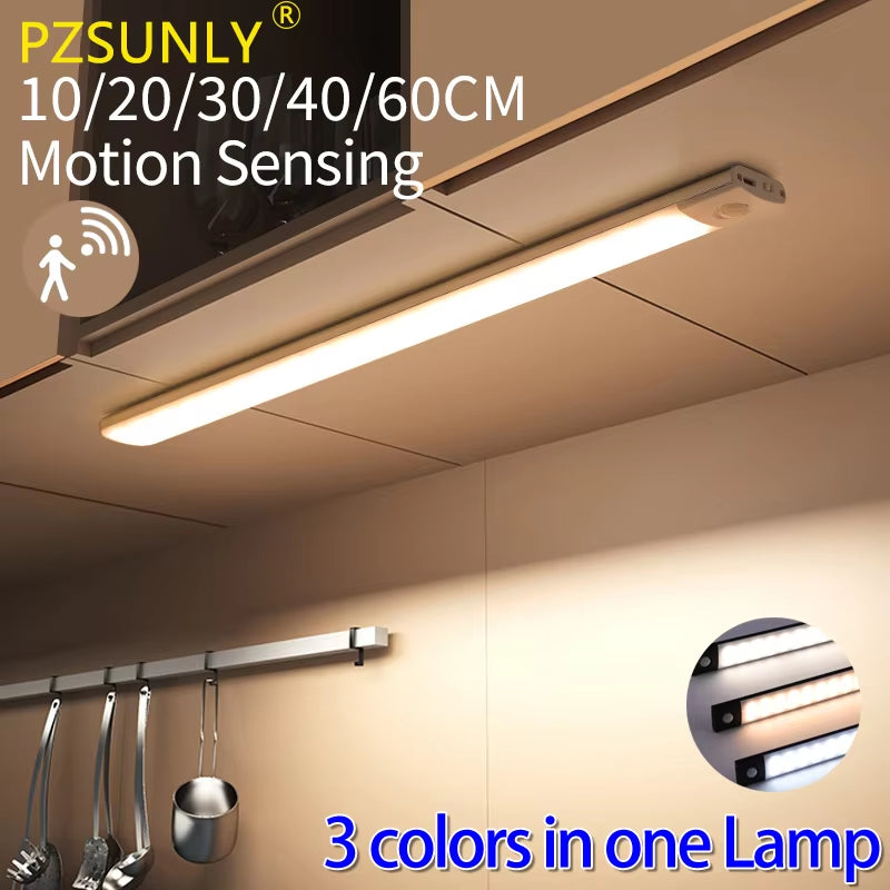 Cabinet Light USB Rechargeable Motion Sensor Led Three Colors in One Lamp for Kitchen Wardrobe Indoor Lighting 10/20/30/40/50Cm