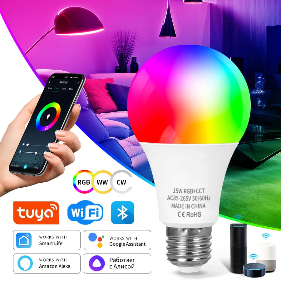 Tuya Wifi Bluetooth E27 Smart Bulb RGBCW 100-240V 15W LED Lamp E27 Light Bulbs App Voice Control Support Alexa Google Home Alice