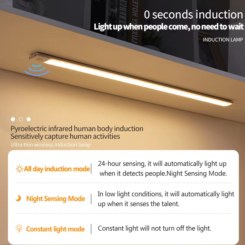 Cabinet Light USB Rechargeable Motion Sensor Led Three Colors in One Lamp for Kitchen Wardrobe Indoor Lighting 10/20/30/40/50Cm